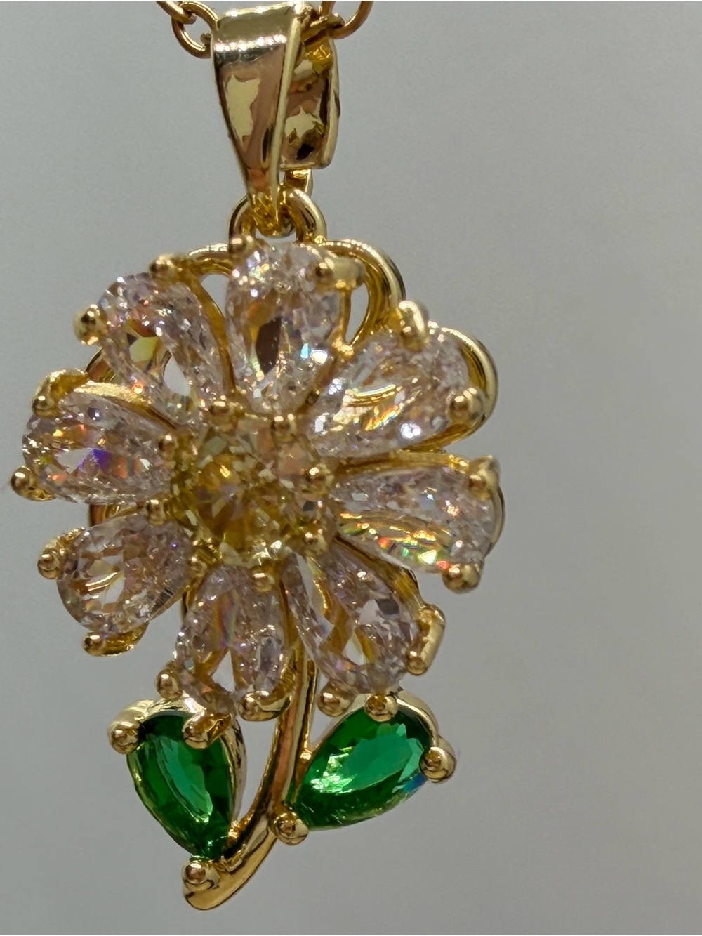 Gold Floral Crystal Pendant Necklace with Green Leaves